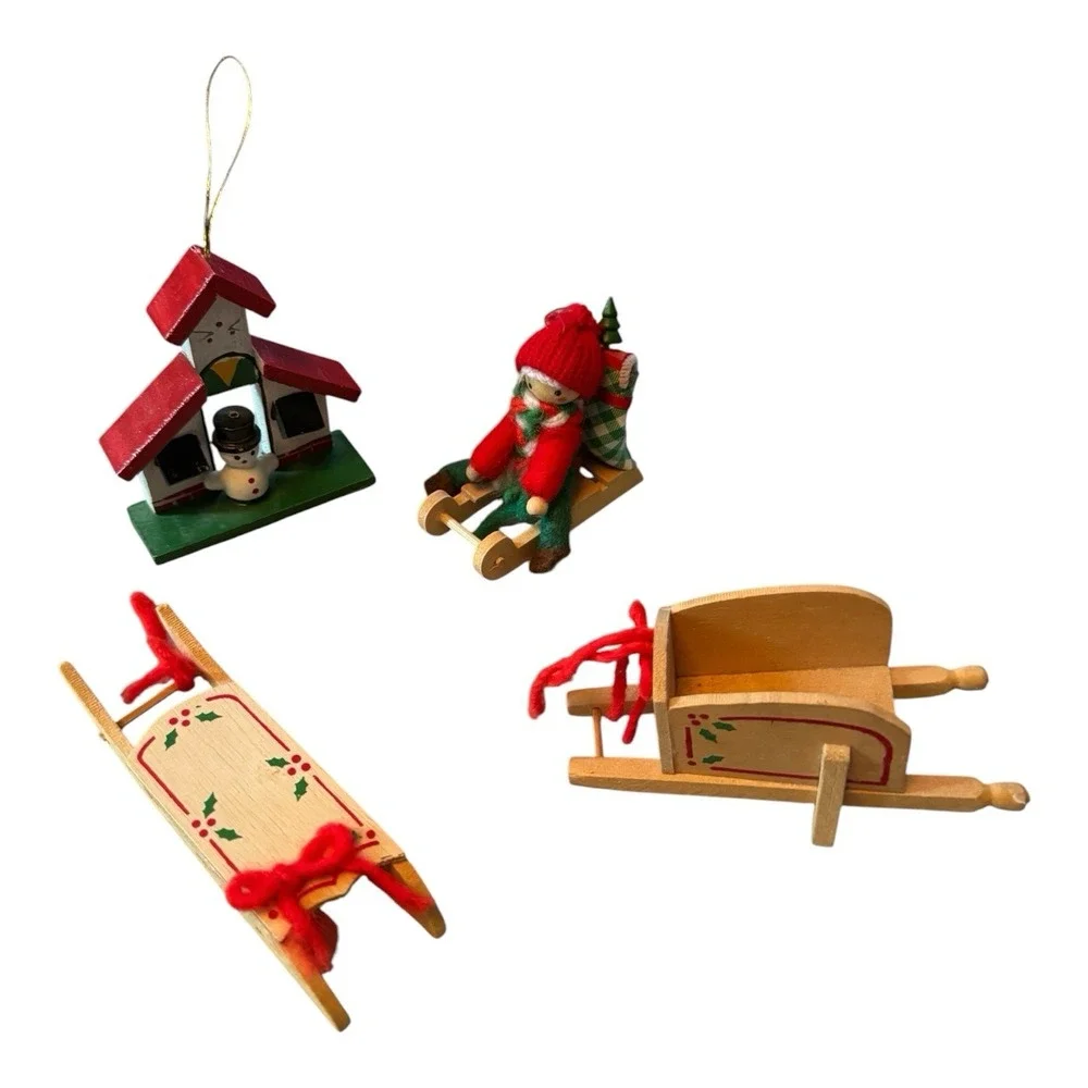 Vintage Christmas Tree Ornaments Lot 4 Wood Sled Sleigh Snowman Holiday Decor
